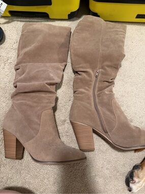 Universal Thread Taupe Suede Slouch Mid-Calf Block Heel Boots